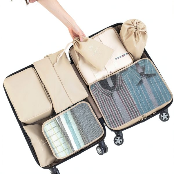 Travel Packing Cubes YEEYAA 8 Set Nylon Organizer Beige-1