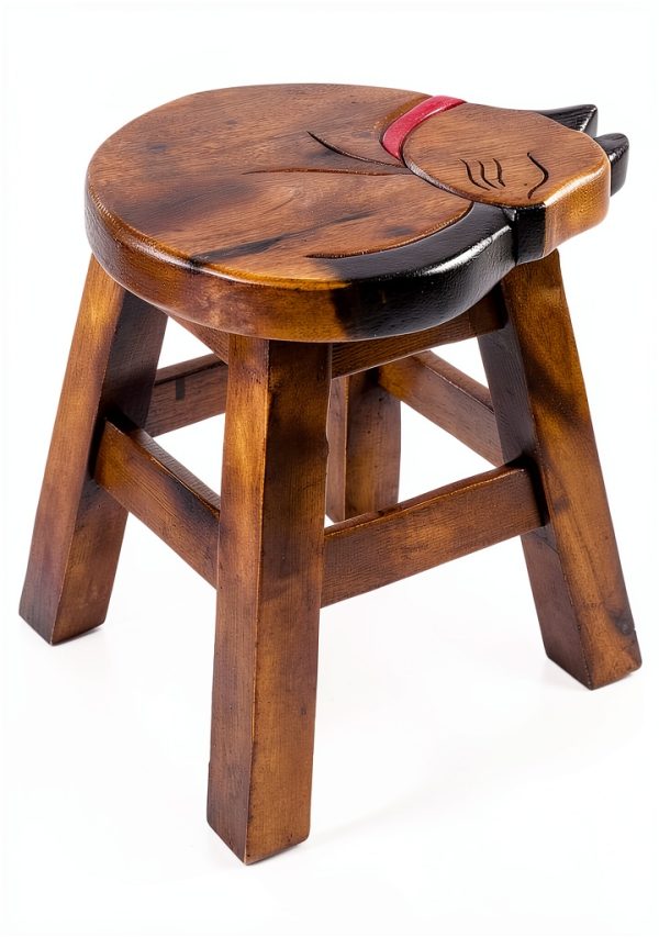 Sea Island Imports Sleepy Kitty Carved Acacia Hardwood Short Stool-2