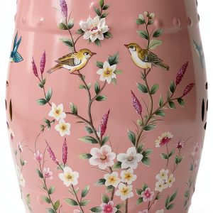 Decorative Ceramic Garden Stool - Glazed Hand-Painted Flower and Bird Shoe Changing Drum Stool for Outdoor Garden, Living Room, Terrace (Pink)-0