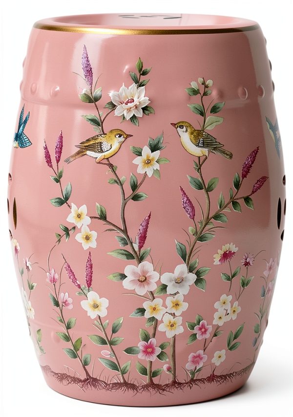 Decorative Ceramic Garden Stool - Glazed Hand-Painted Flower and Bird Shoe Changing Drum Stool for Outdoor Garden, Living Room, Terrace (Pink)-0