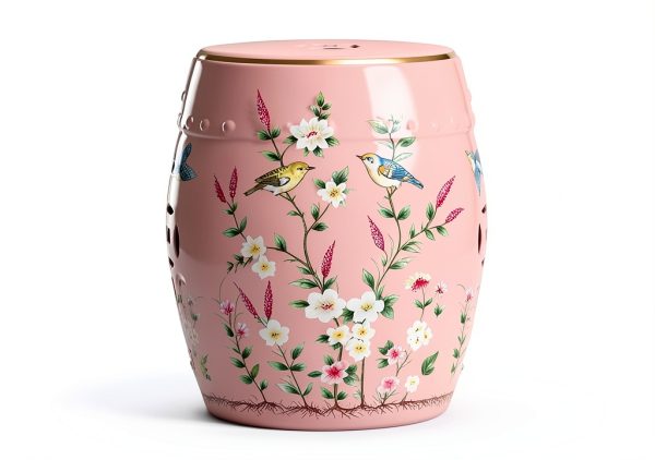Decorative Ceramic Garden Stool - Glazed Hand-Painted Flower and Bird Shoe Changing Drum Stool for Outdoor Garden, Living Room, Terrace (Pink)-4