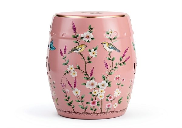 Decorative Ceramic Garden Stool - Glazed Hand-Painted Flower and Bird Shoe Changing Drum Stool for Outdoor Garden, Living Room, Terrace (Pink)-6