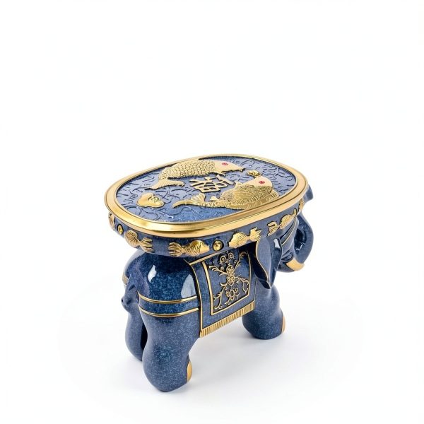 Elephant Stool by VANZUNE - Blue Resin Garden Seat with Koi Fish-5