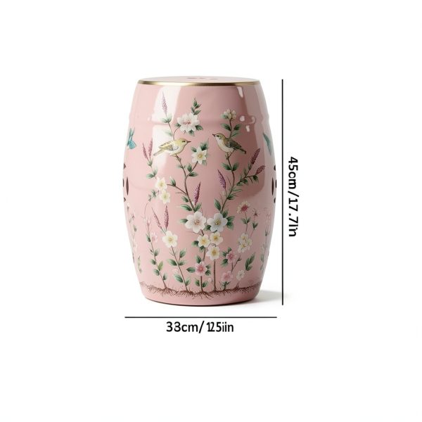 Decorative Ceramic Garden Stool - Glazed Hand-Painted Flower and Bird Shoe Changing Drum Stool for Outdoor Garden, Living Room, Terrace (Pink)-1