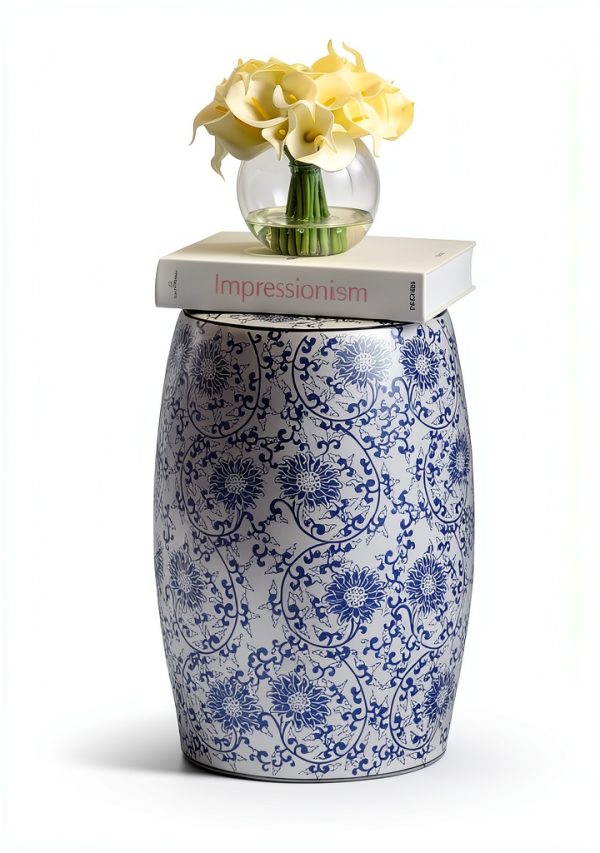 Lotus Blossom Ceramic Garden Stool by JONATHAN Y 17.5 inch Blue White-5