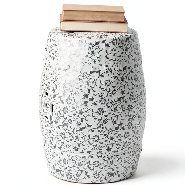 Safavieh Flower and Vine Ceramic Garden Stool White Charcoal-1