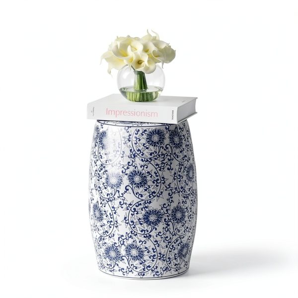 Lotus Blossom Ceramic Garden Stool by JONATHAN Y 17.5 inch Blue White-1
