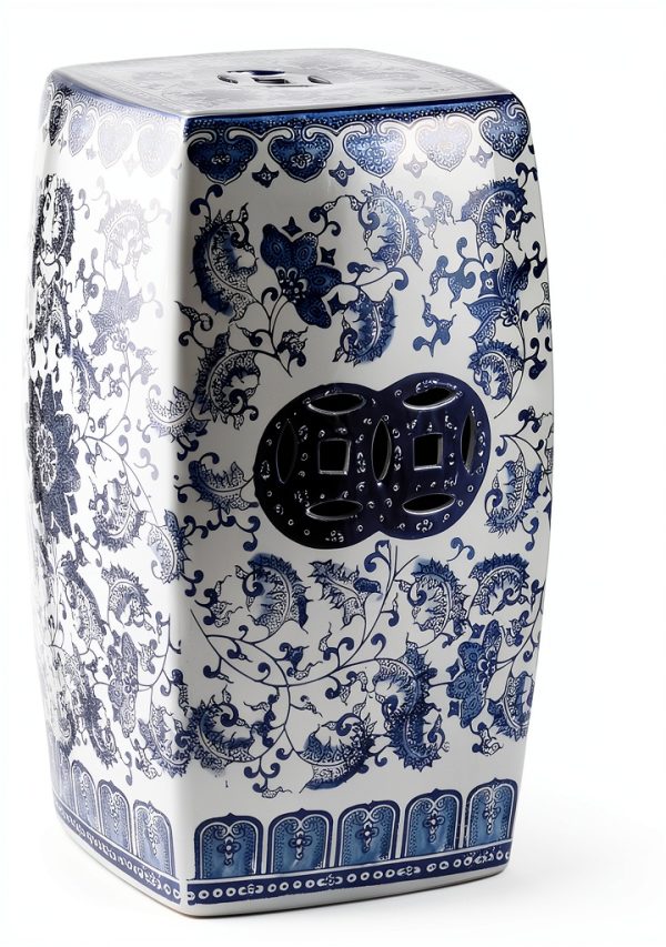 JONATHAN Y TBL1011A Floral Vine 18.5" Chinoiserie Ceramice Square Indoor/Outdoor Garden Stool Bohemian, Coastal, Classic, Cottage, French Country, Traditional, Bathroom, Garden Room, Patio, Blue/White-2