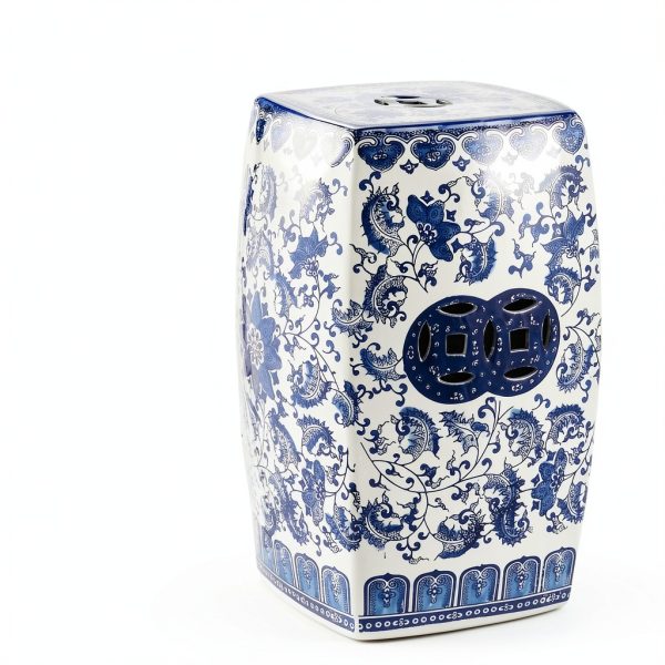 JONATHAN Y TBL1011A Floral Vine 18.5" Chinoiserie Ceramice Square Indoor/Outdoor Garden Stool Bohemian, Coastal, Classic, Cottage, French Country, Traditional, Bathroom, Garden Room, Patio, Blue/White-3