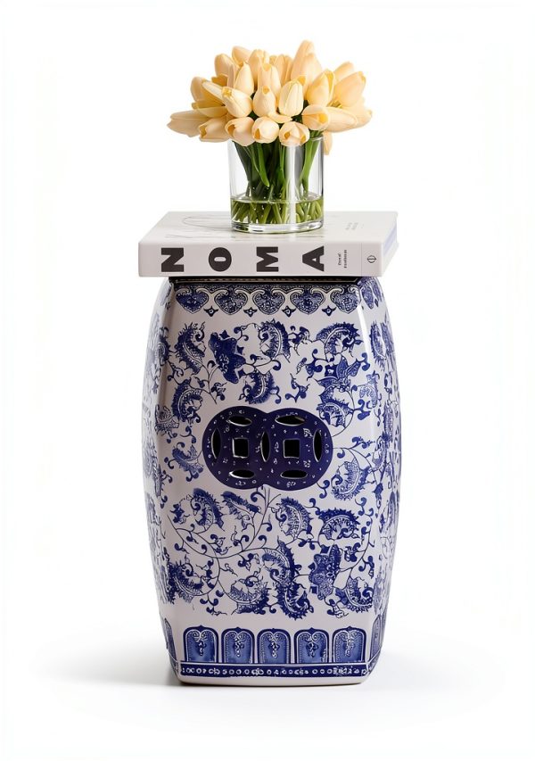 JONATHAN Y TBL1011A Floral Vine 18.5" Chinoiserie Ceramice Square Indoor/Outdoor Garden Stool Bohemian, Coastal, Classic, Cottage, French Country, Traditional, Bathroom, Garden Room, Patio, Blue/White-5
