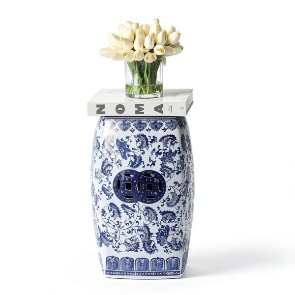 JONATHAN Y TBL1011A Floral Vine 18.5" Chinoiserie Ceramice Square Indoor/Outdoor Garden Stool Bohemian, Coastal, Classic, Cottage, French Country, Traditional, Bathroom, Garden Room, Patio, Blue/White-1