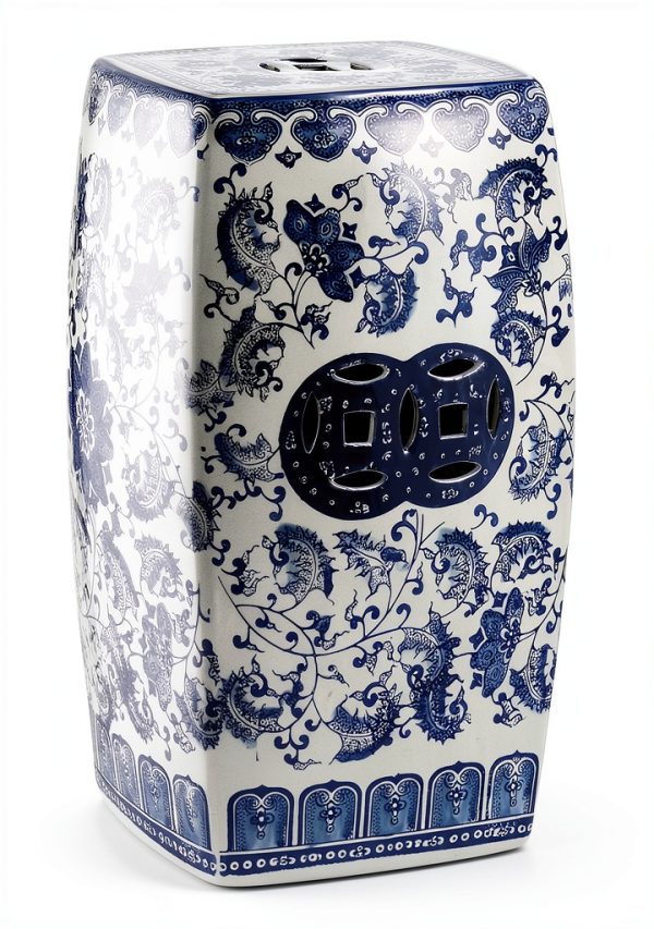 JONATHAN Y TBL1011A Floral Vine 18.5" Chinoiserie Ceramice Square Indoor/Outdoor Garden Stool Bohemian, Coastal, Classic, Cottage, French Country, Traditional, Bathroom, Garden Room, Patio, Blue/White-0