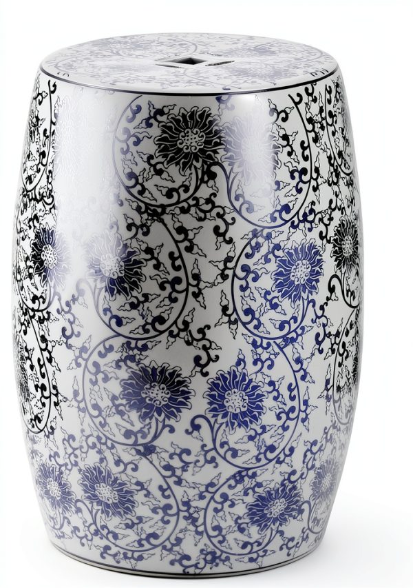 Lotus Blossom Ceramic Garden Stool by JONATHAN Y 17.5 inch Blue White-2